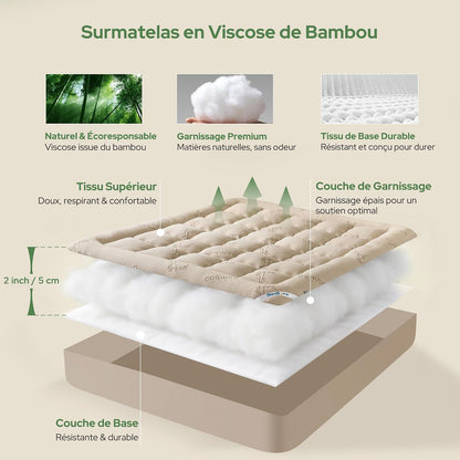 BEDLORE Surmatelas 160x200 cm, sur Matelas 2 Personne en Viscose de Bambou